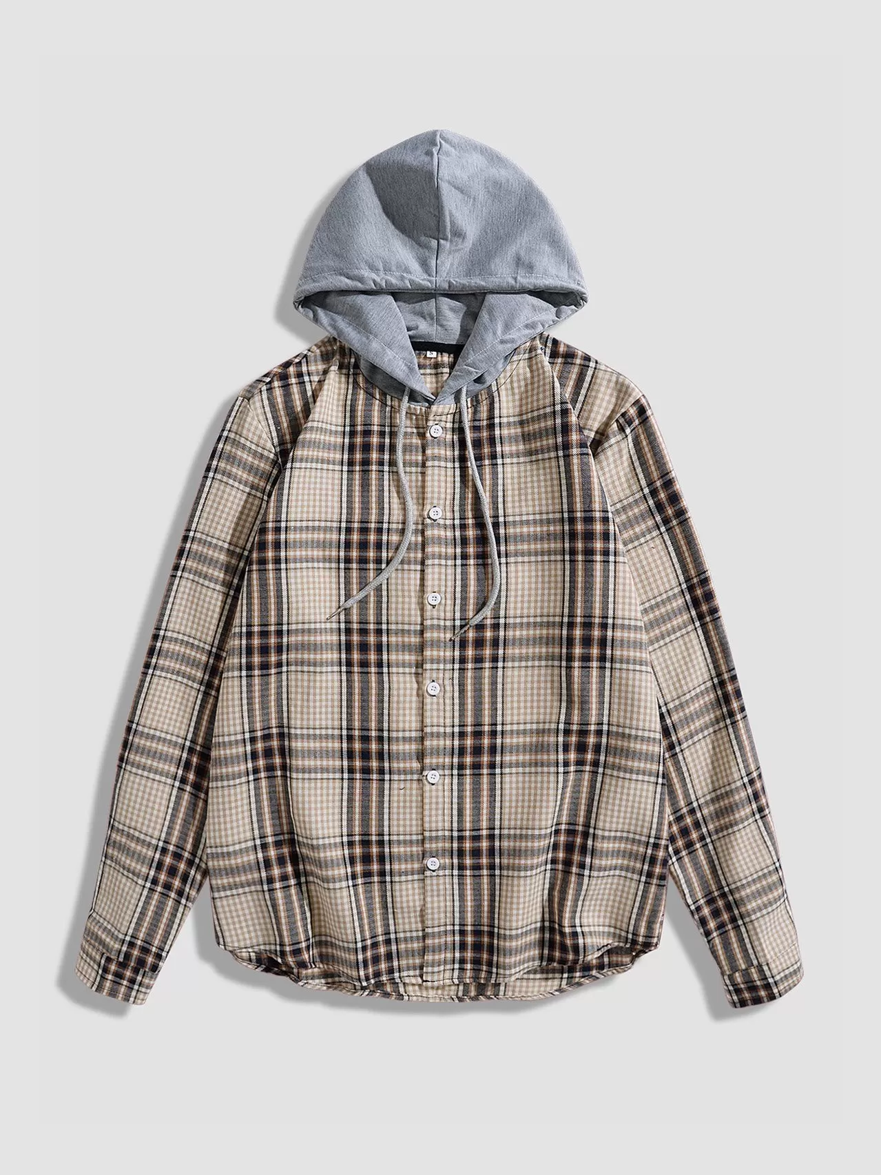 Contrast Hooded Button Up Plaid Shirts with Drawstring