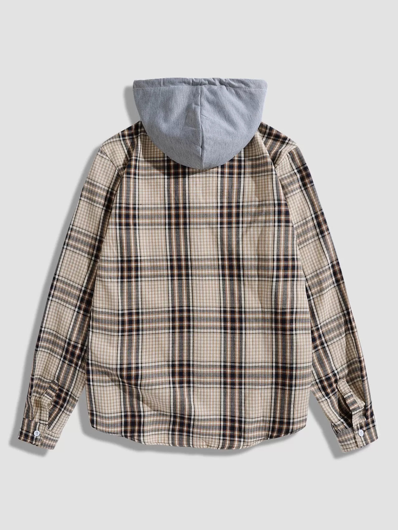 Contrast Hooded Button Up Plaid Shirts with Drawstring