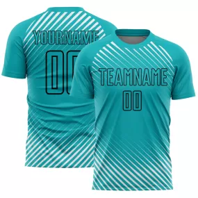 Custom Aqua Black Diagonal Lines Sublimation Soccer Uniform Jersey