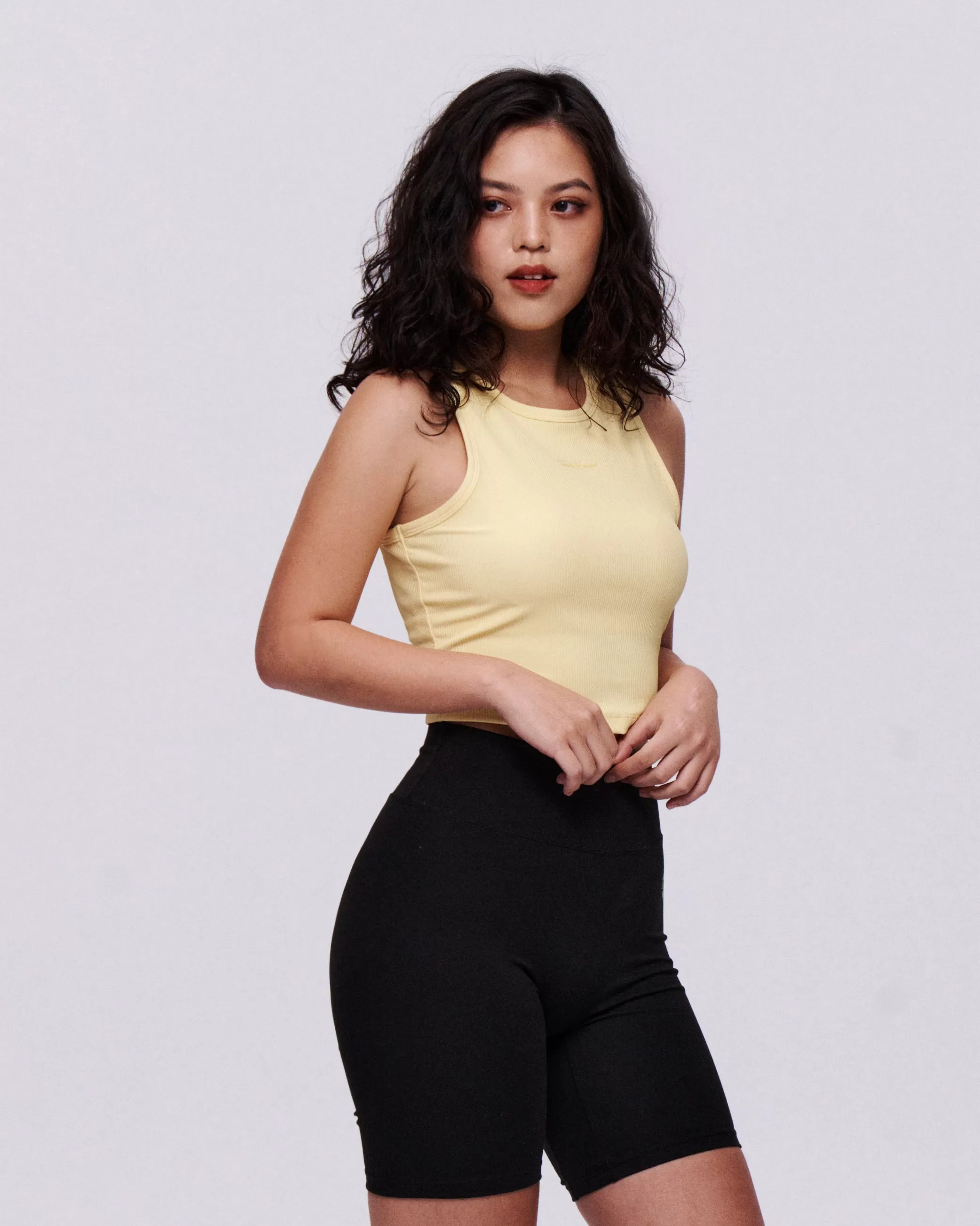 Cut-Shoulder Ribbed-Neck Bra Crop Tank