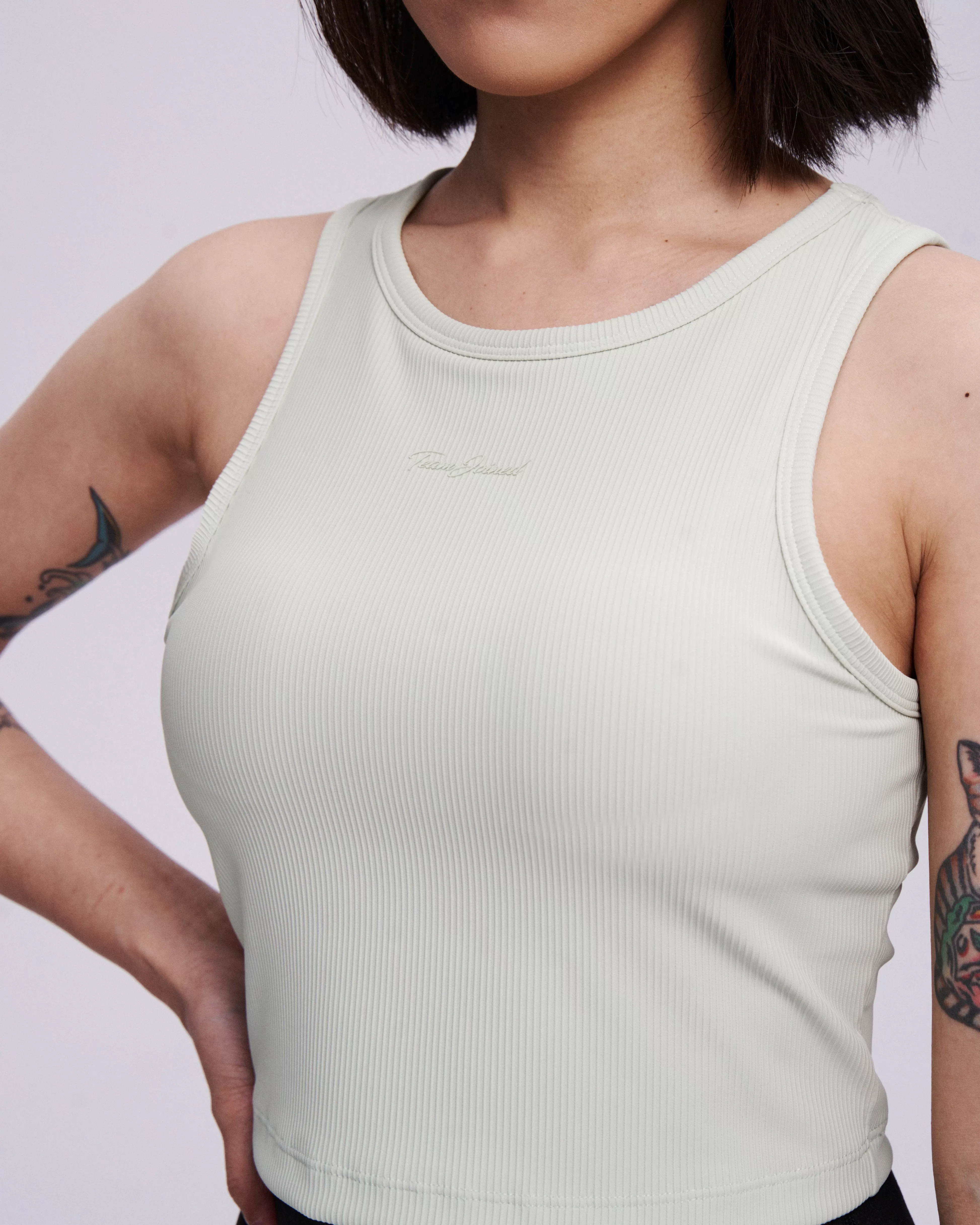 Cut-Shoulder Ribbed-Neck Bra Crop Tank