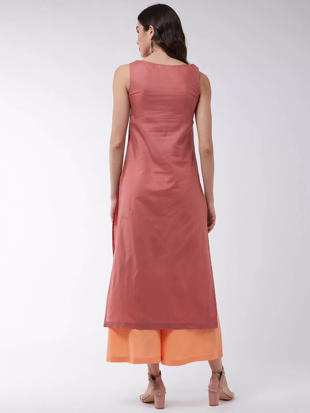 Dusty Pink Embroidered Sleeveless Kurta With Pants