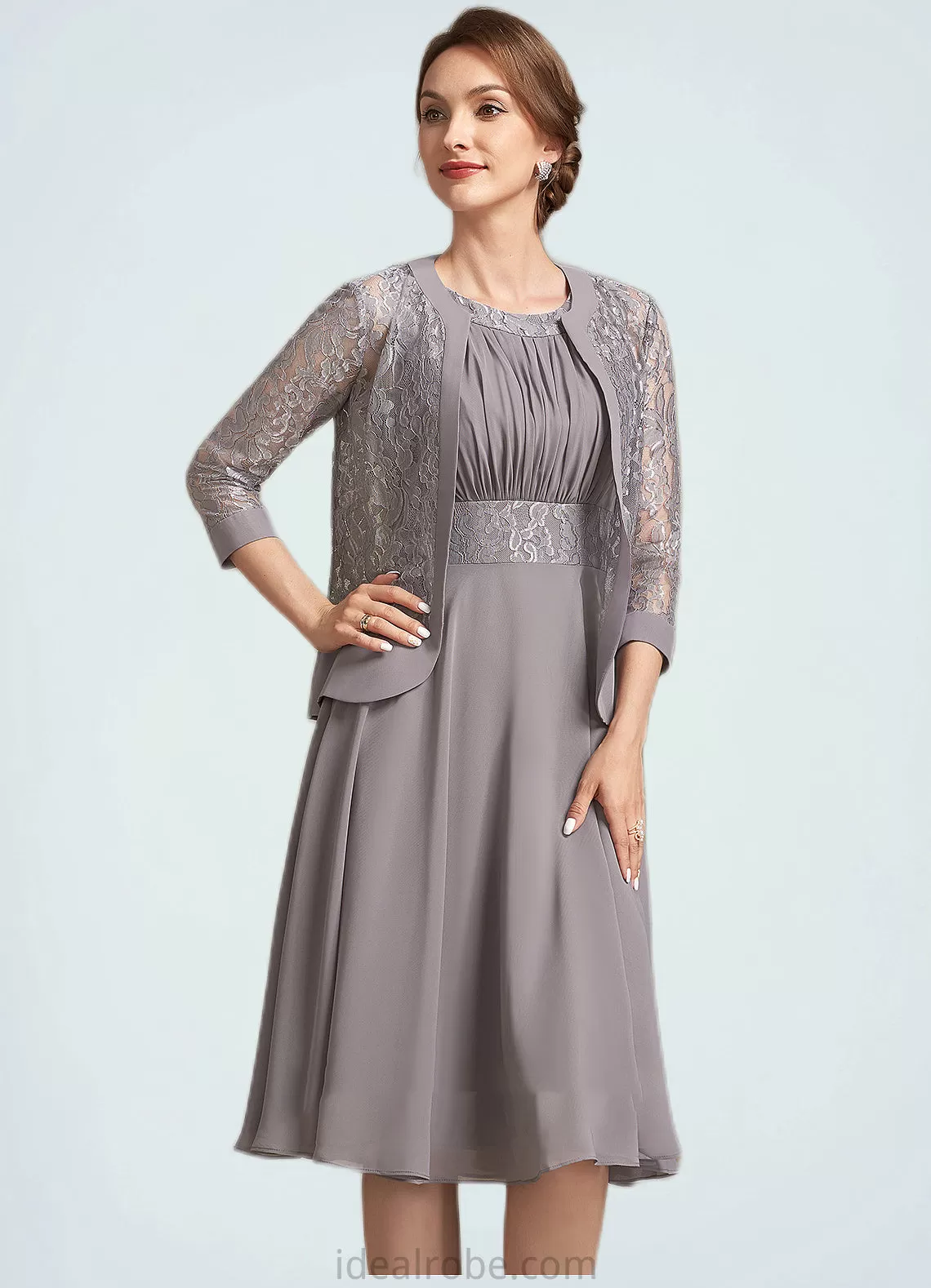 Erin A-Line Scoop Neck Knee-Length Chiffon Lace Mother of the Bride Dress With Ruffle STK126P0014766