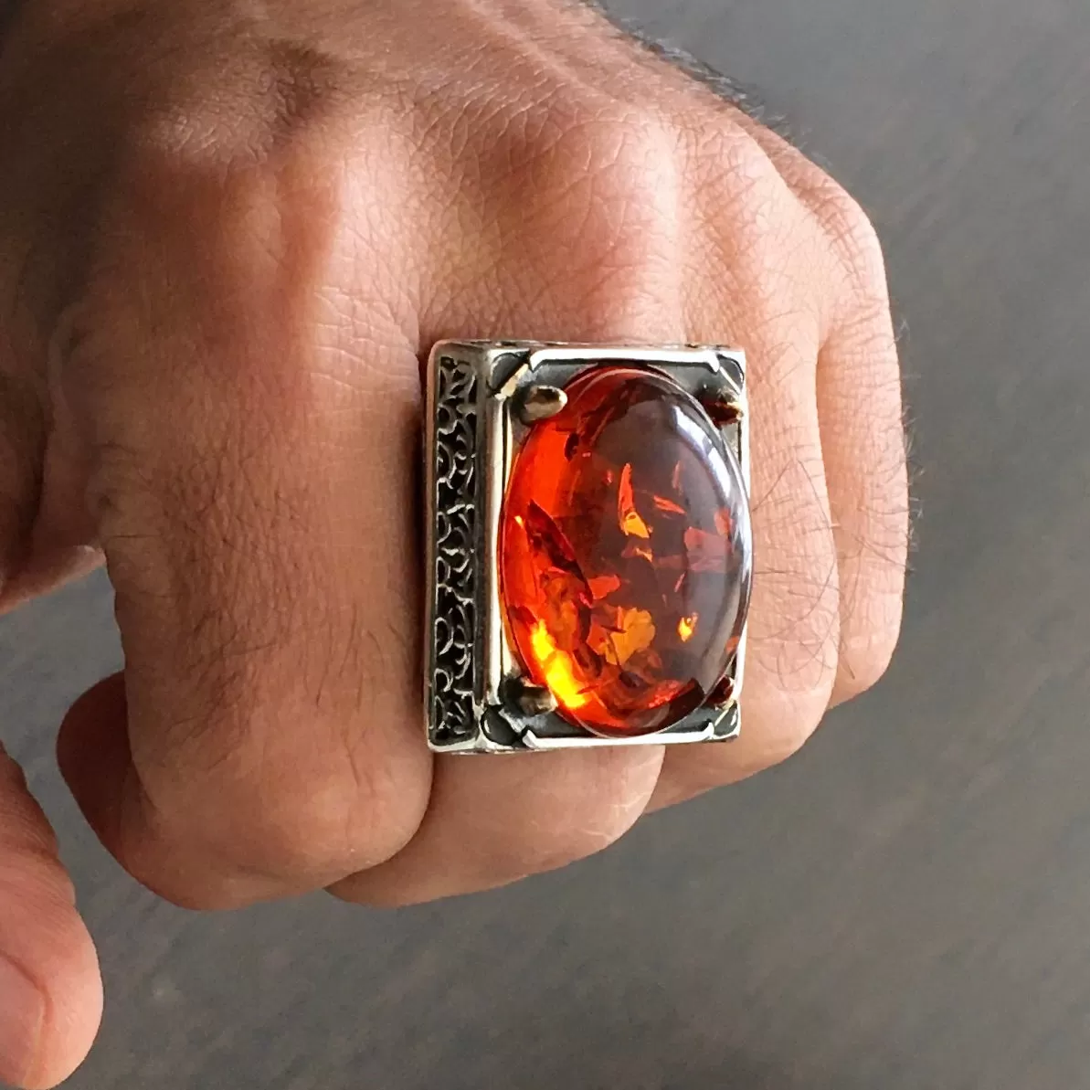 Fire Amber Mens Ring Heavy Large Solid Sterling Silver Turkish Artisan Designer Jewelry