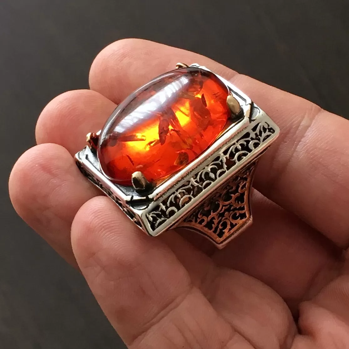 Fire Amber Mens Ring Heavy Large Solid Sterling Silver Turkish Artisan Designer Jewelry