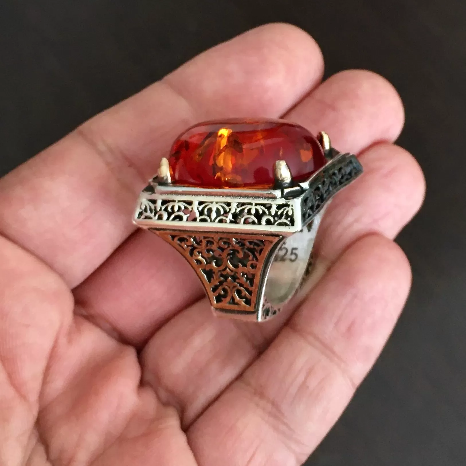 Fire Amber Mens Ring Heavy Large Solid Sterling Silver Turkish Artisan Designer Jewelry