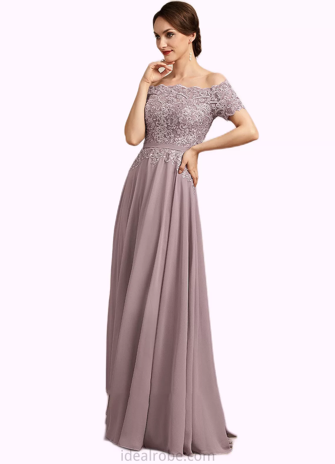 Gabriella A-Line Off-the-Shoulder Floor-Length Chiffon Lace Mother of the Bride Dress With Beading Sequins STK126P0014785