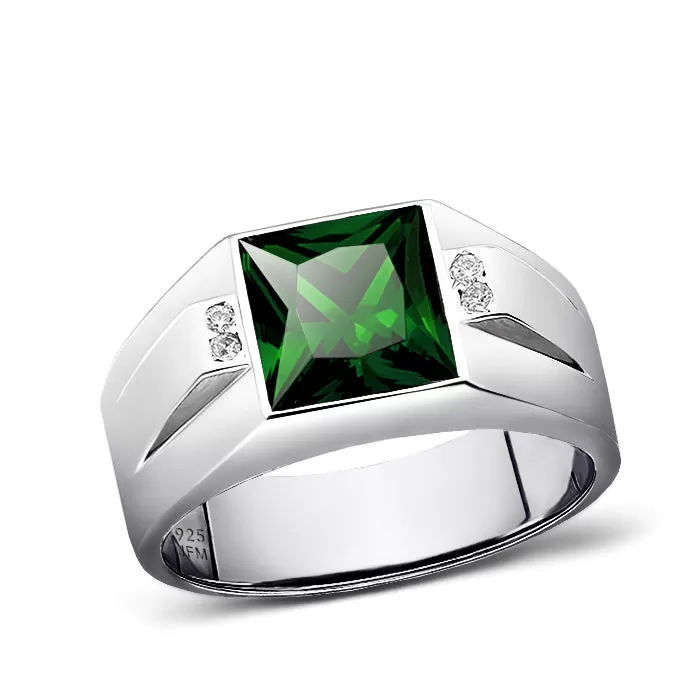 Gemstone Wide Band Ring for Men with 4 Genuine Diamonds