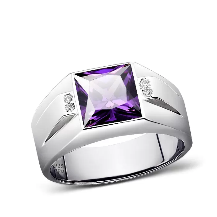 Gemstone Wide Band Ring for Men with 4 Genuine Diamonds