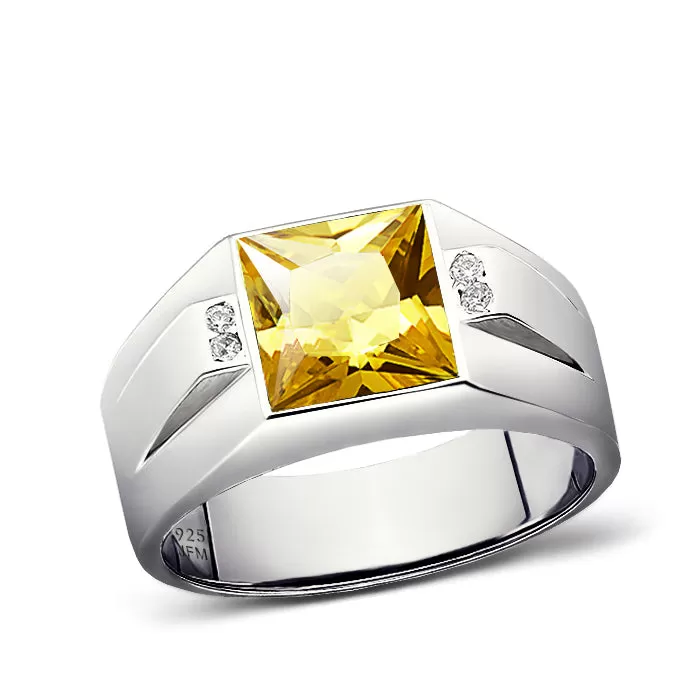 Gemstone Wide Band Ring for Men with 4 Genuine Diamonds