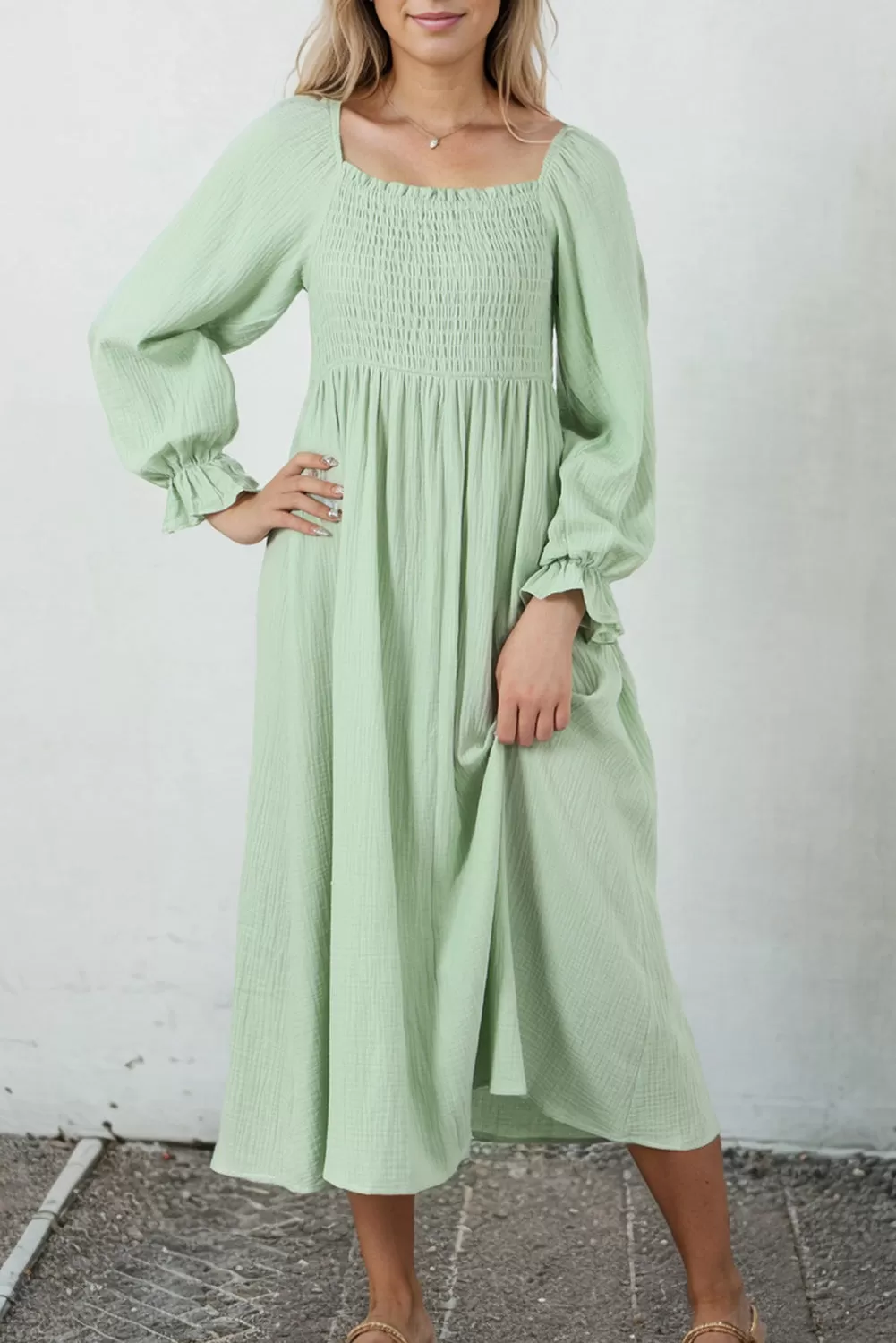 Green Smoked Flounce Sleeve Textured Empire Waist Maxi Dress