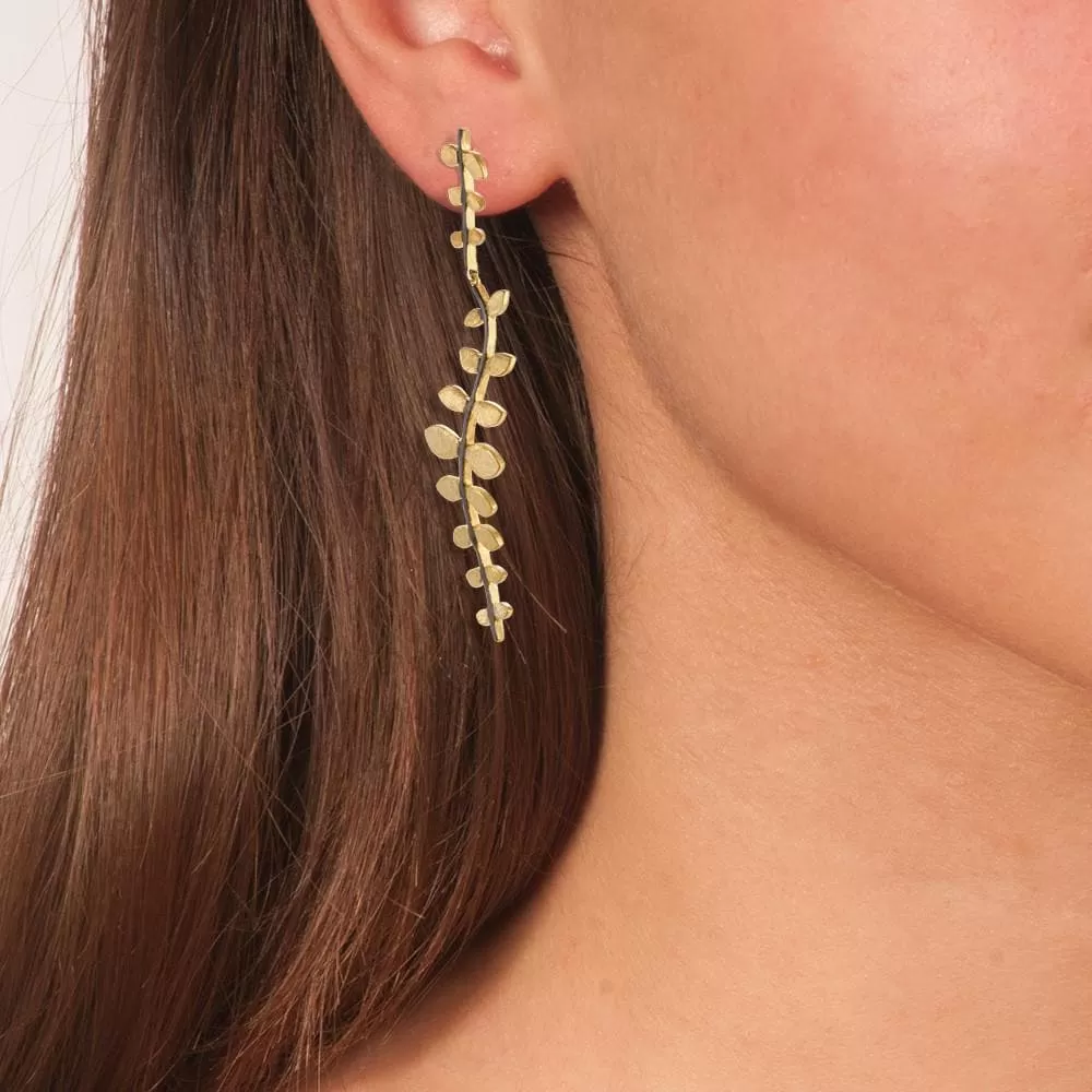 Handmade Gold Plated Silver Long Dangle Earrings Leaves with A Black Plated Stem