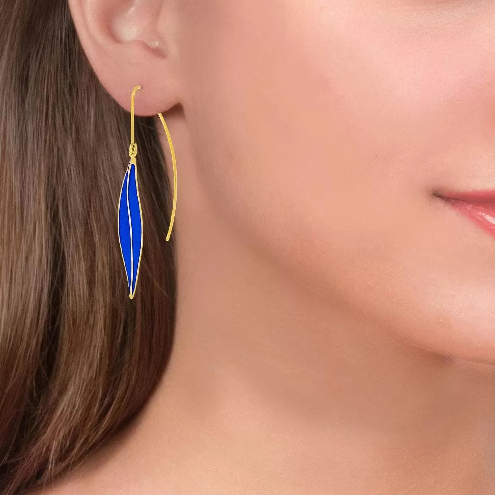 Handmade Gold Plated Silver Royal Blue Dangle Earrings Leaves