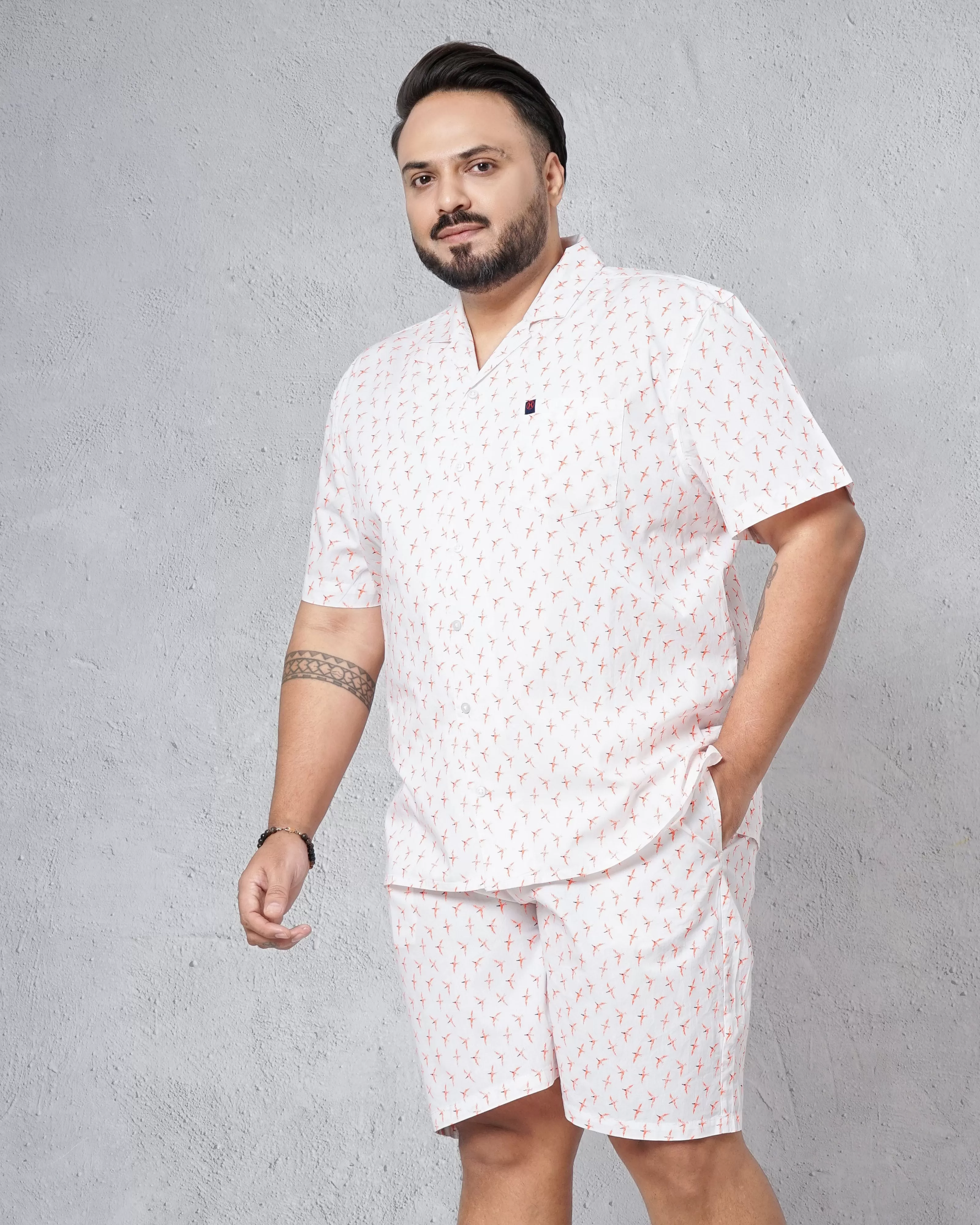 Hardsoda Men White Plus Size Fauna Printed Lounge Set