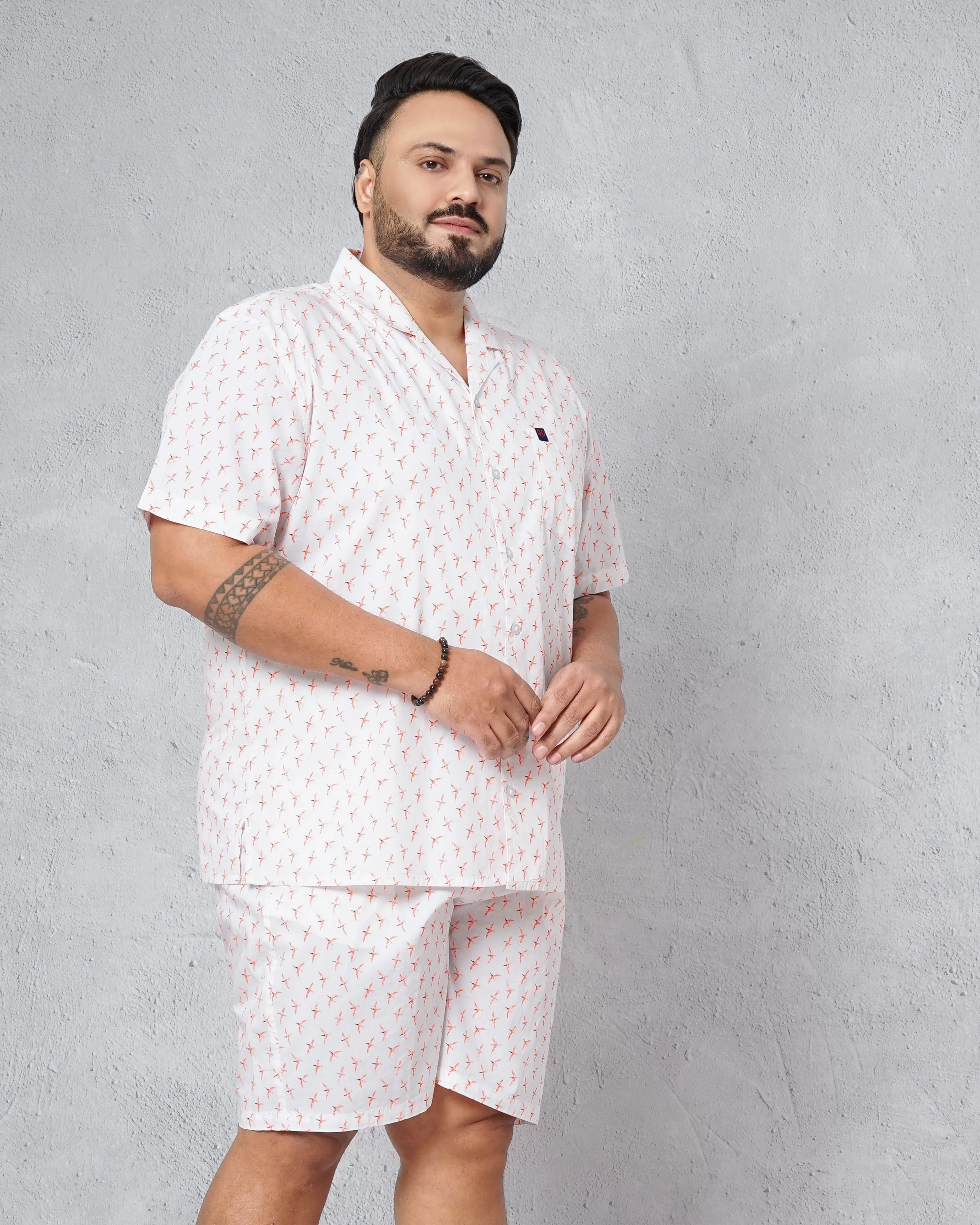 Hardsoda Men White Plus Size Fauna Printed Lounge Set