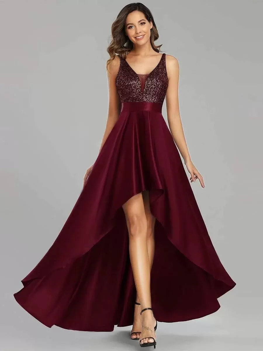 High-Low Sequin Top Satin Formal Dress