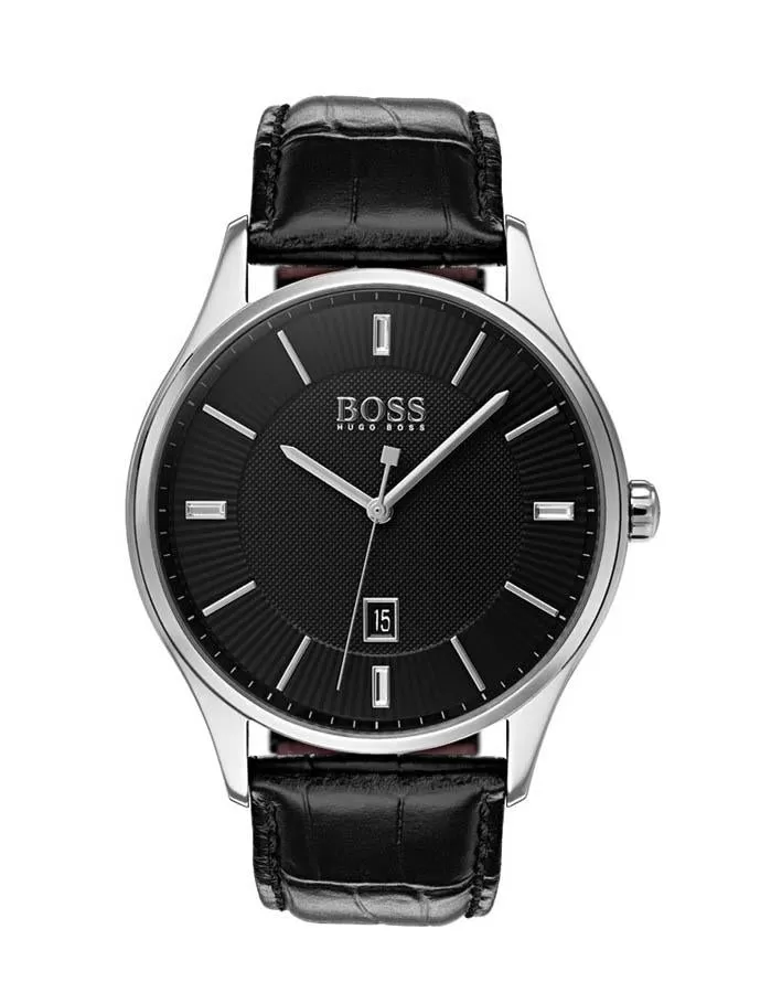 Hugo Boss Mens Govenor Dress Watch - Stainless Steel - Black Leather Strap -Date