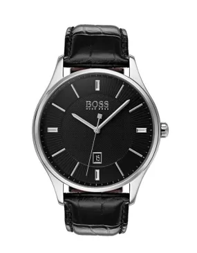 Hugo Boss Mens Govenor Dress Watch - Stainless Steel - Black Leather Strap -Date