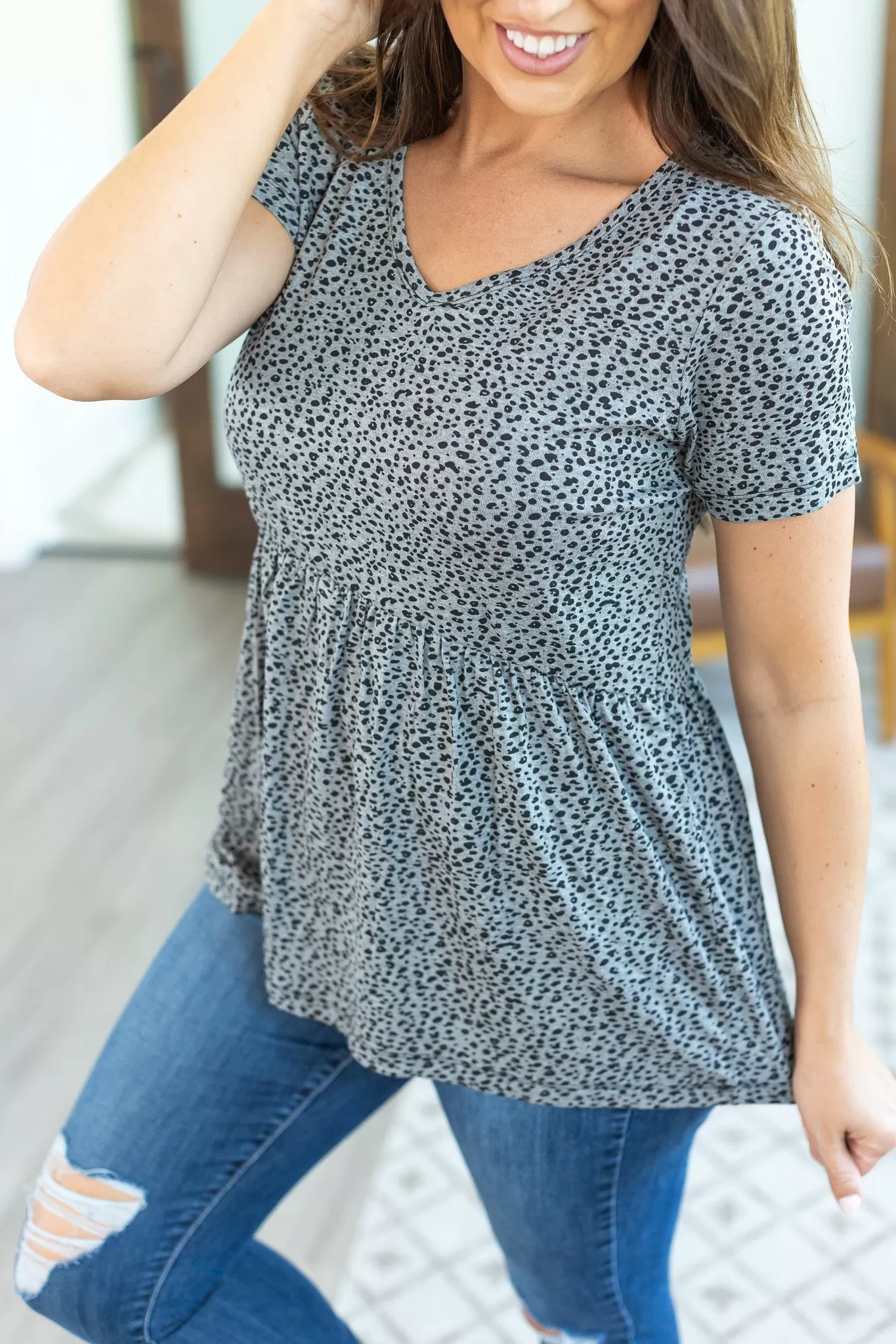 IN STOCK Sarah Ruffle Top - Grey Leopard