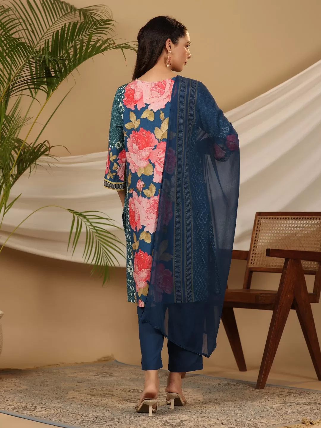 Juniper Blue Floral Printed Rayon Kurta Pants & Dupatta Set With Sequins Work