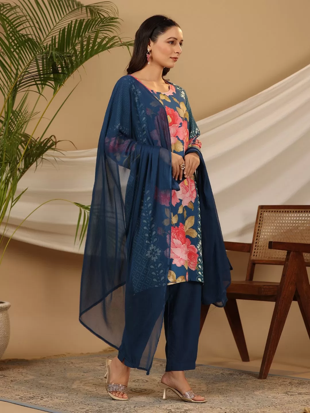 Juniper Blue Floral Printed Rayon Kurta Pants & Dupatta Set With Sequins Work