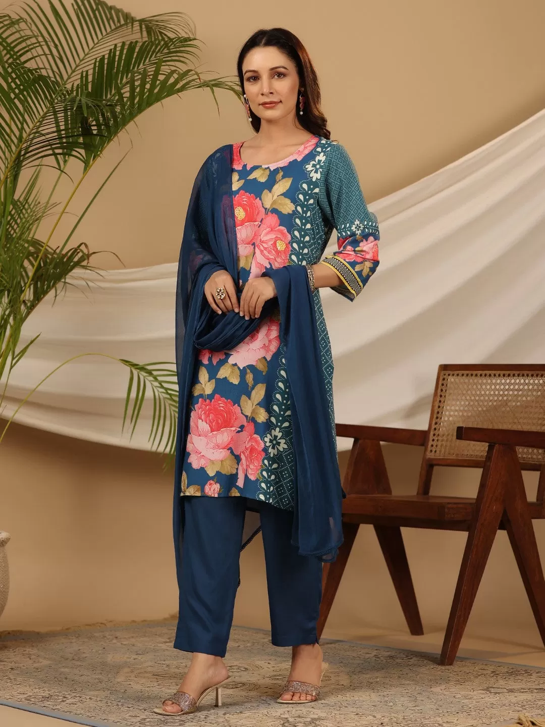 Juniper Blue Floral Printed Rayon Kurta Pants & Dupatta Set With Sequins Work