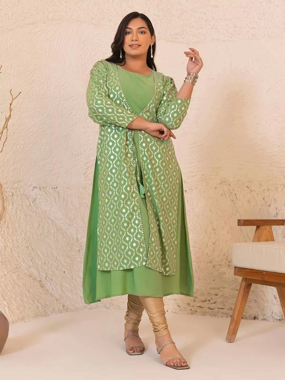 Light Green Crepe Foil Printed A-Line Kurta