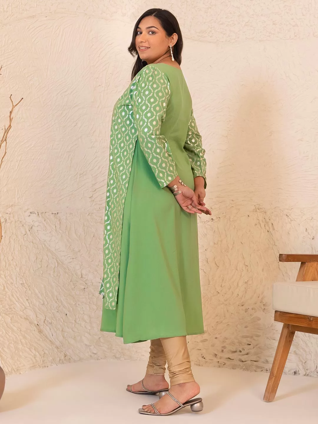 Light Green Crepe Foil Printed A-Line Kurta