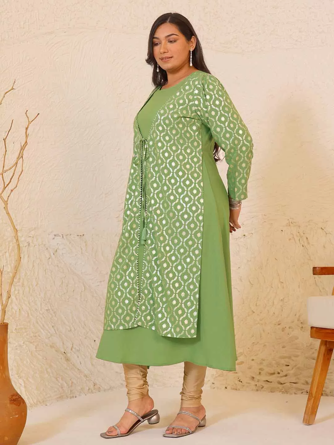 Light Green Crepe Foil Printed A-Line Kurta