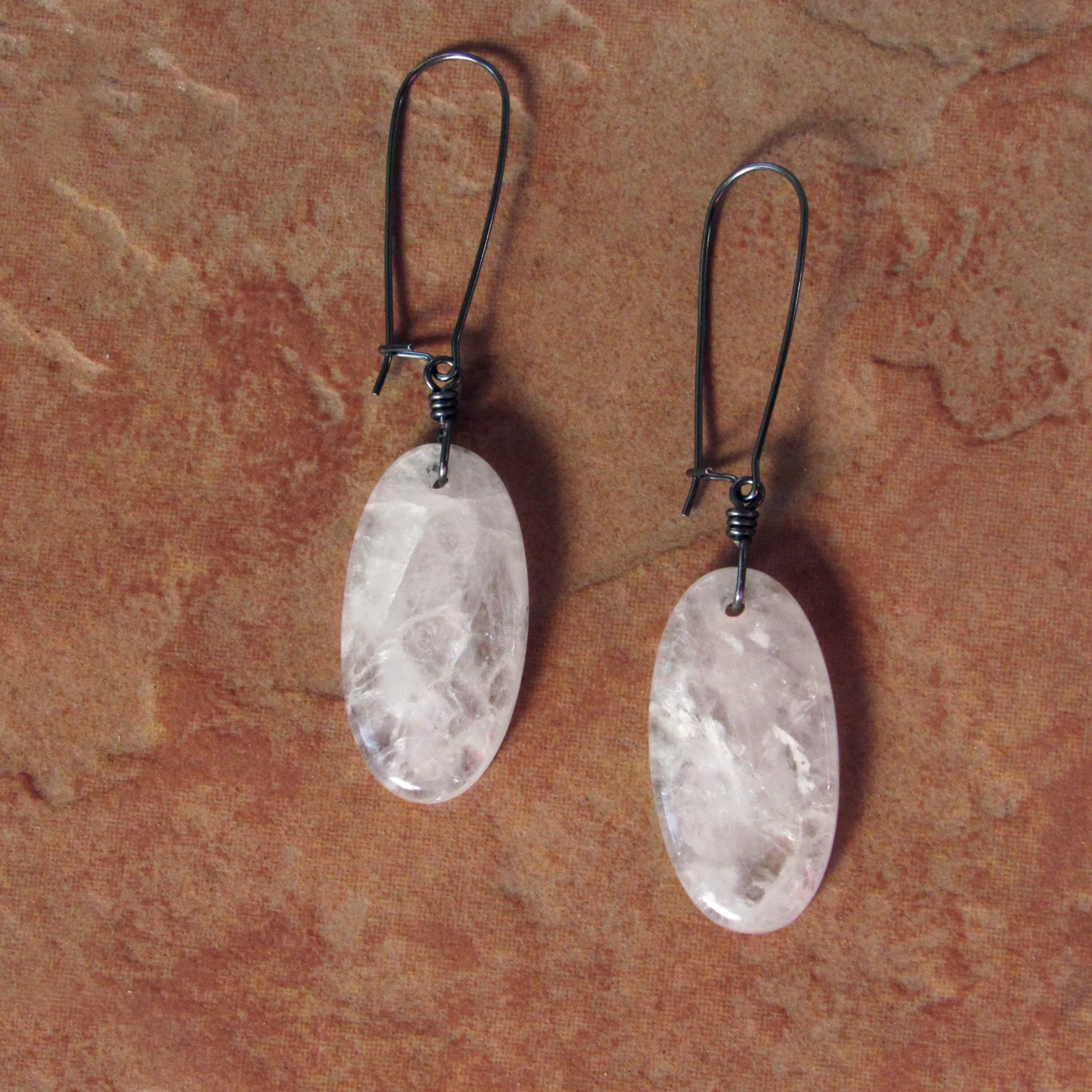 Light Rose Quartz and Hand Wrapped Oxidized Sterling Silver Drop Earrings