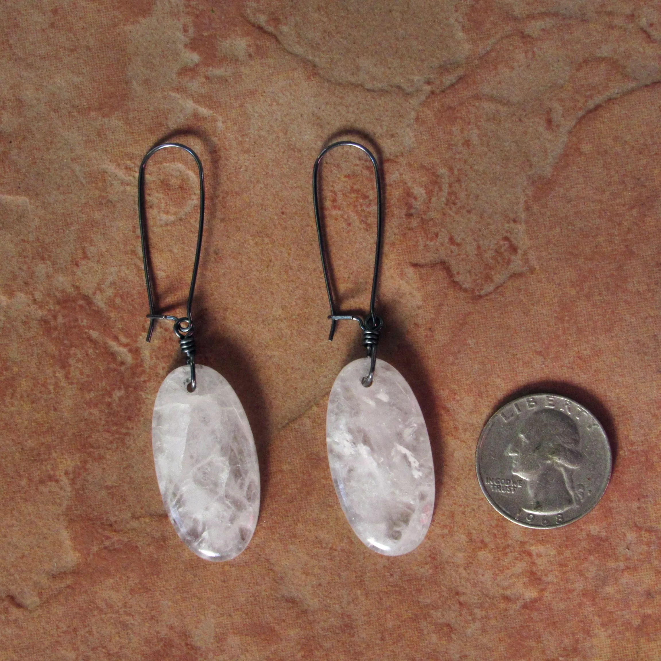 Light Rose Quartz and Hand Wrapped Oxidized Sterling Silver Drop Earrings