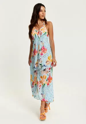 Liquorish Blue Floral Print Midi Asymmetrical Dress