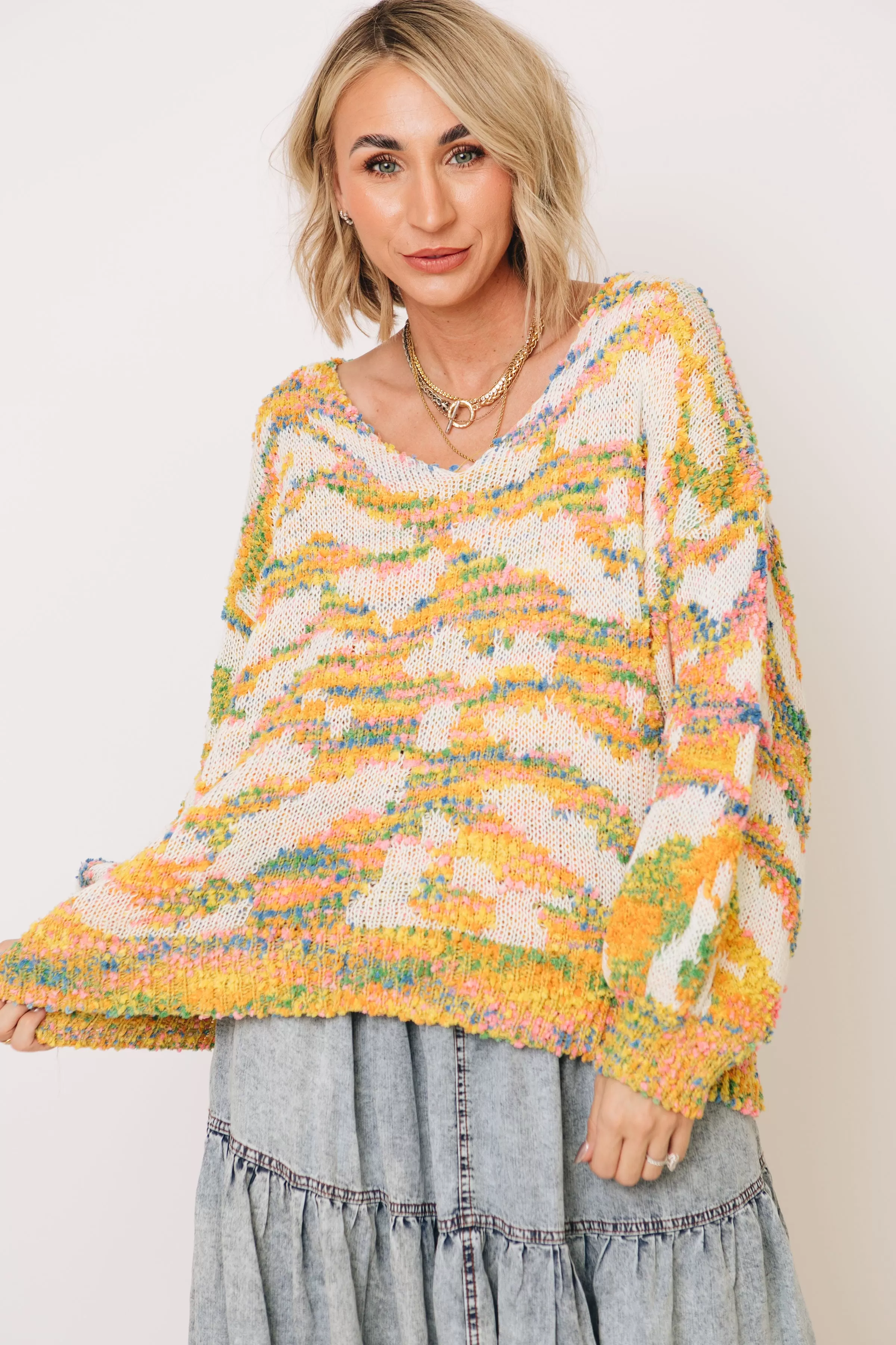 Marigold Maze Textured Pullover V-Neck Sweater (S-3XL)