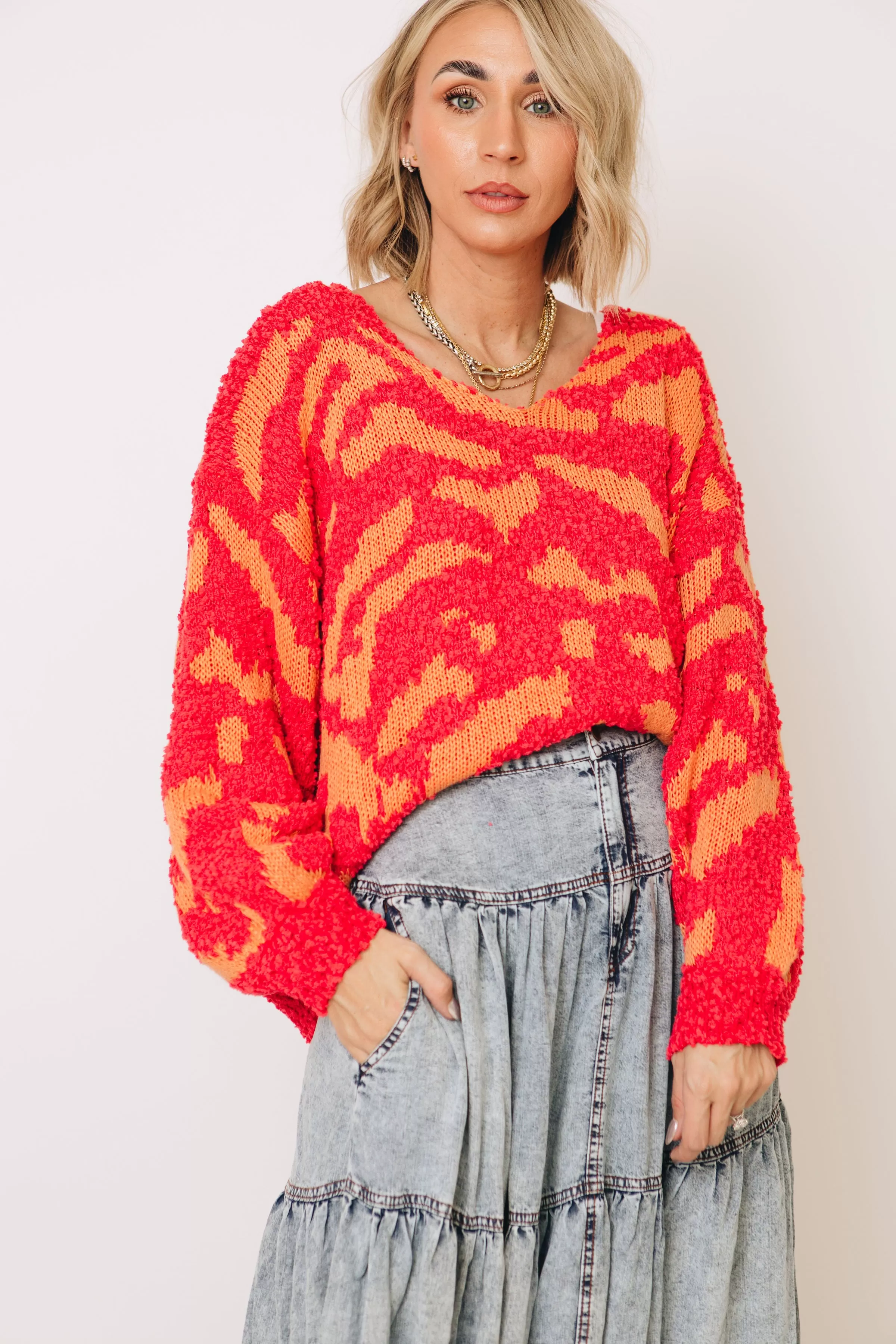 Marigold Maze Textured Pullover V-Neck Sweater (S-3XL)