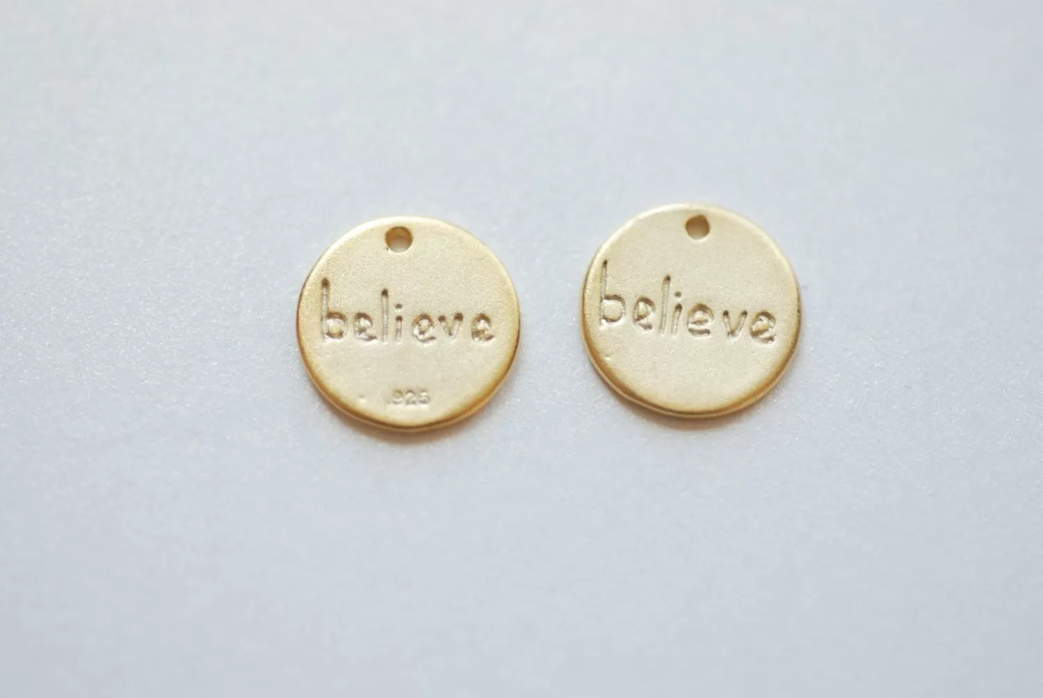 Matte Vermeil Gold Round BELIEVE Disc- 18k gold plated over Sterling Silver, 12mm Round Silver Disc,, Vermeil Gold Round Blank Disc, 185