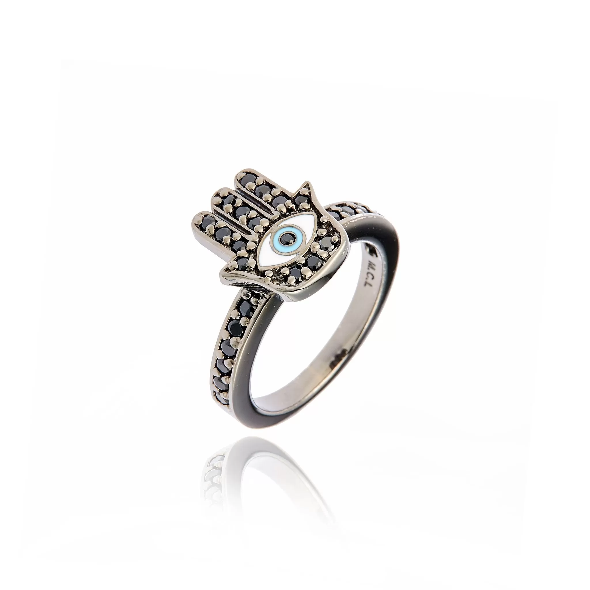 MCL Design Sterling Silver Hamsa Stack Ring With Baby Blue and White Enamel & Black Spinel