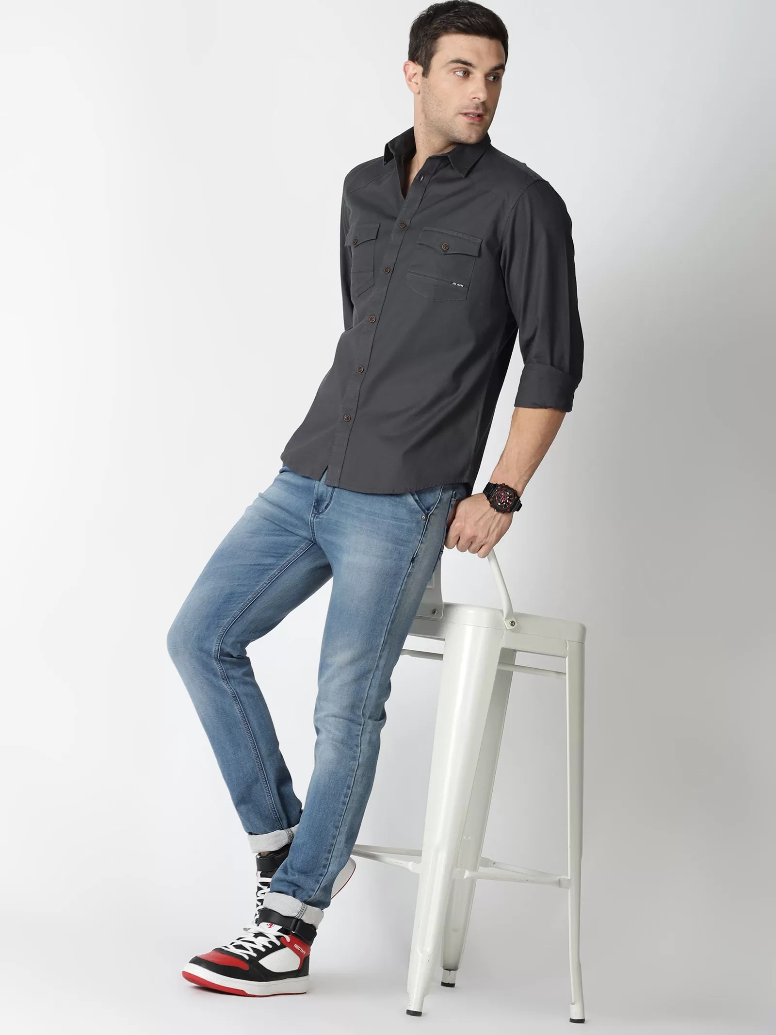 MEN'S DK GREY SOLID SLIM FIT SHIRT