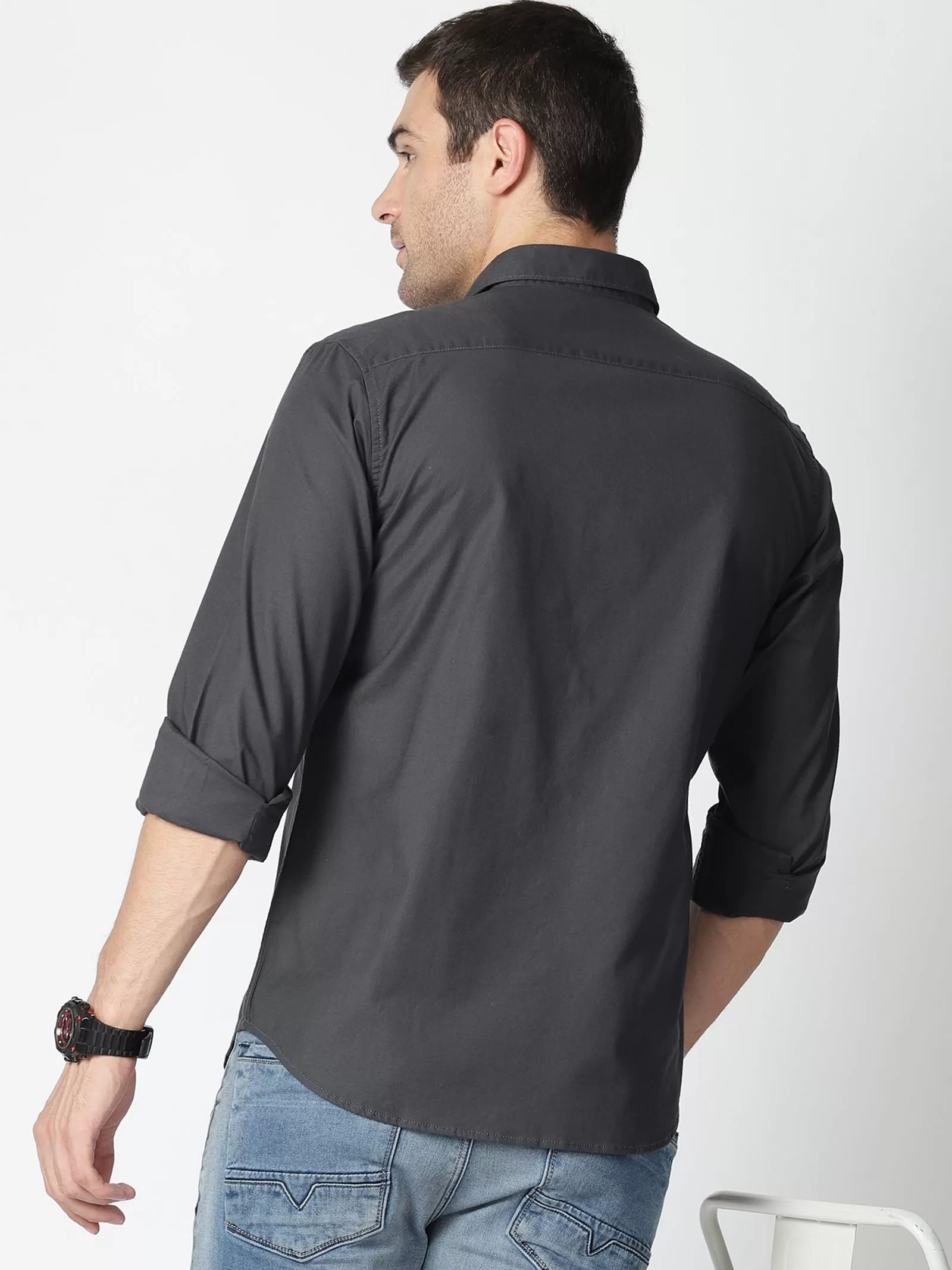 MEN'S DK GREY SOLID SLIM FIT SHIRT