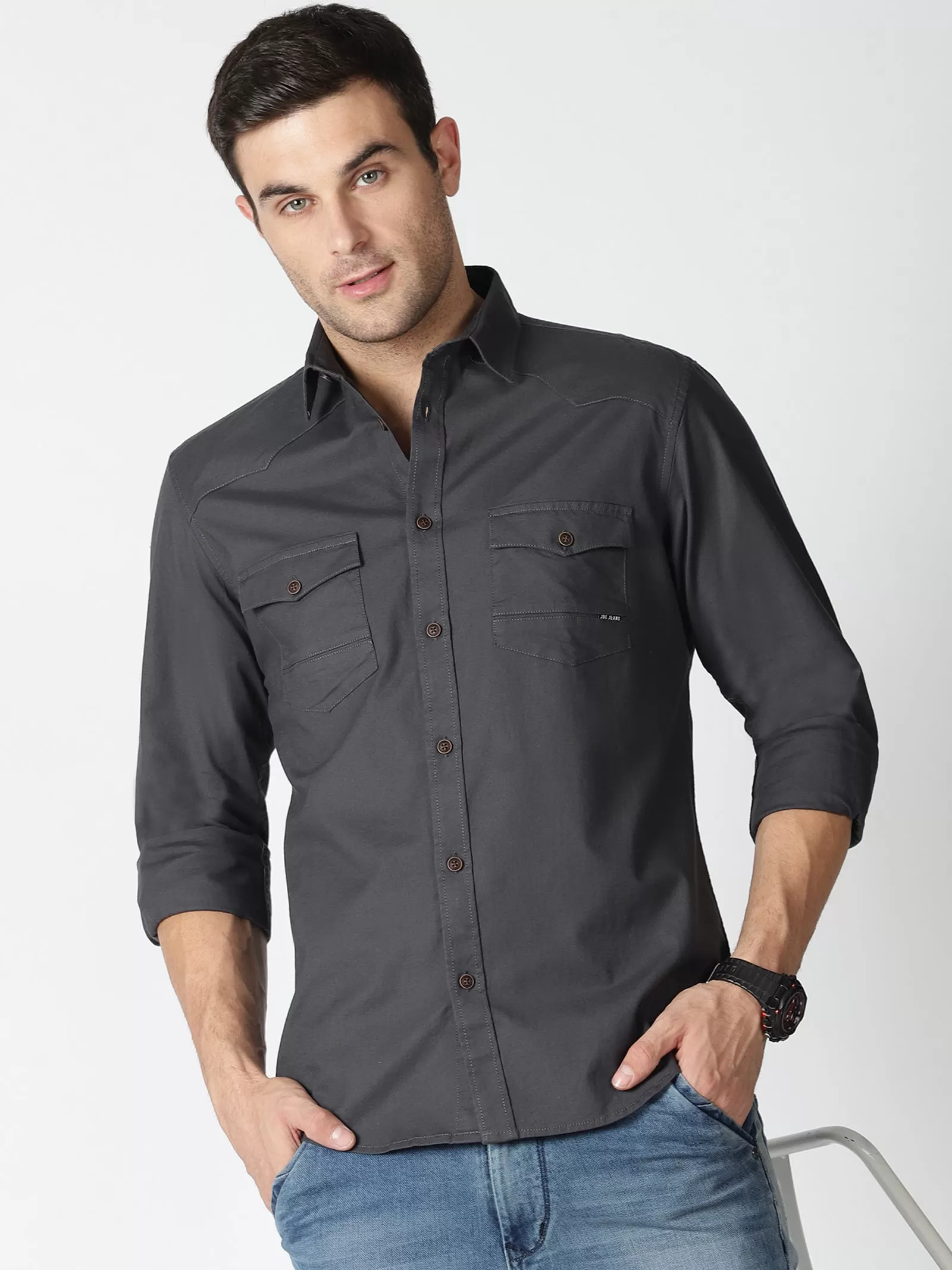 MEN'S DK GREY SOLID SLIM FIT SHIRT