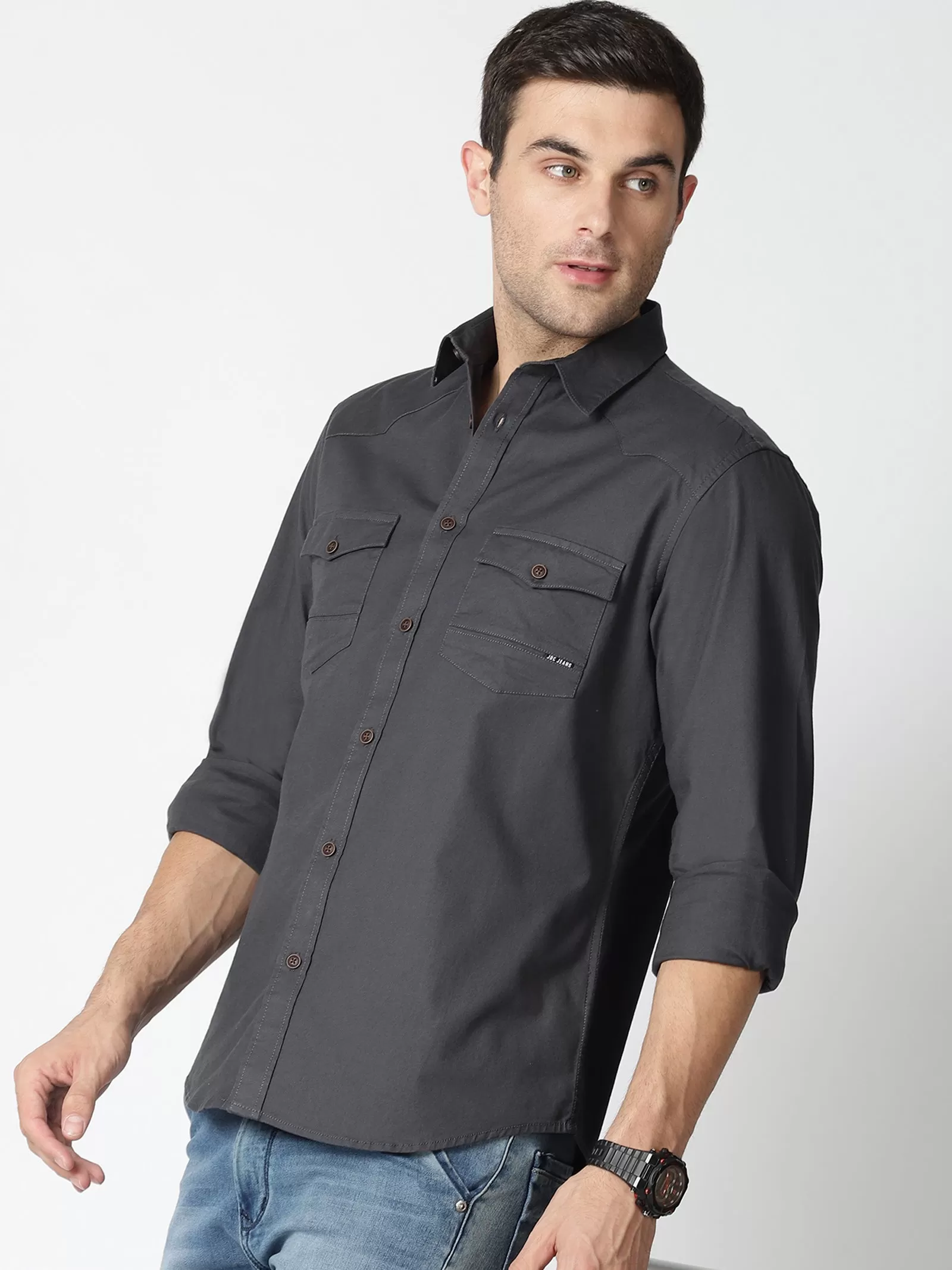 MEN'S DK GREY SOLID SLIM FIT SHIRT