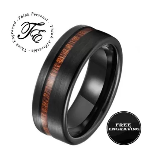 Men's Personalized Black Wedding Ring With Koa Wood Inlay