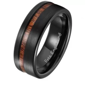 Men's Personalized Black Wedding Ring With Koa Wood Inlay