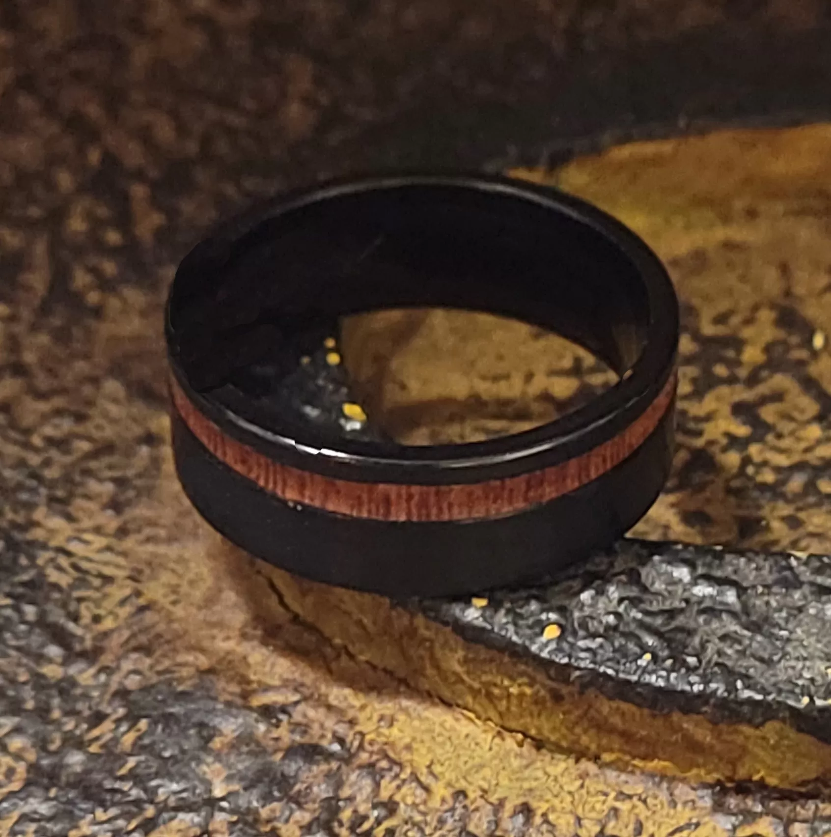 Men's Personalized Black Wedding Ring With Koa Wood Inlay