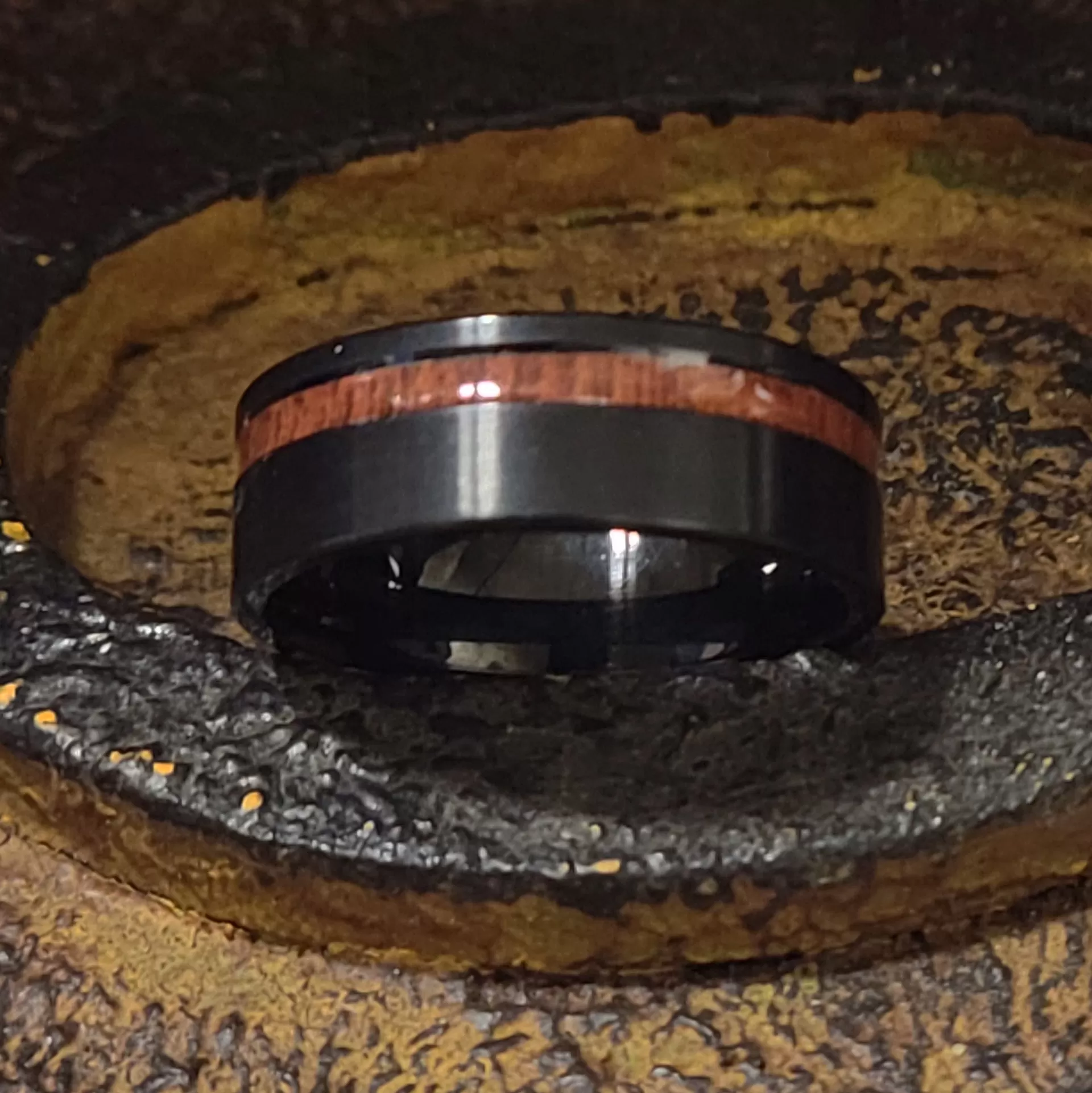 Men's Personalized Black Wedding Ring With Koa Wood Inlay