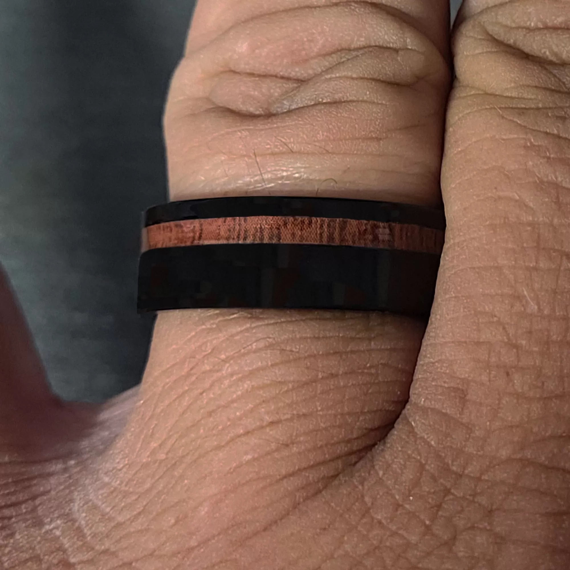 Men's Personalized Black Wedding Ring With Koa Wood Inlay