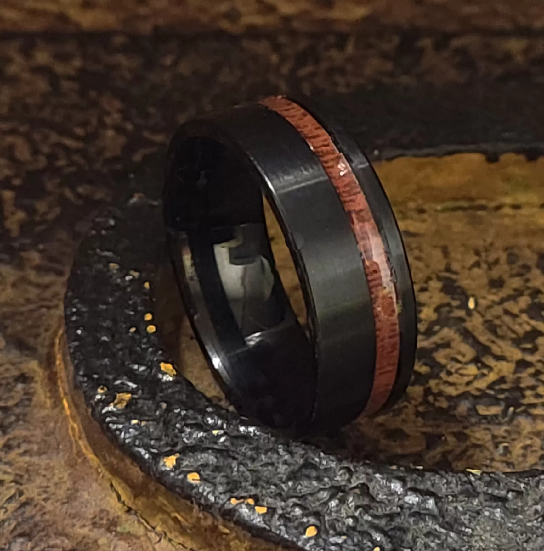 Men's Personalized Black Wedding Ring With Koa Wood Inlay