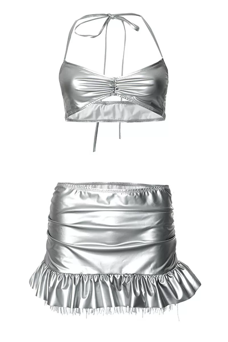 Metallic Halter Crop Top & Ruffle Trim Mini Skirt