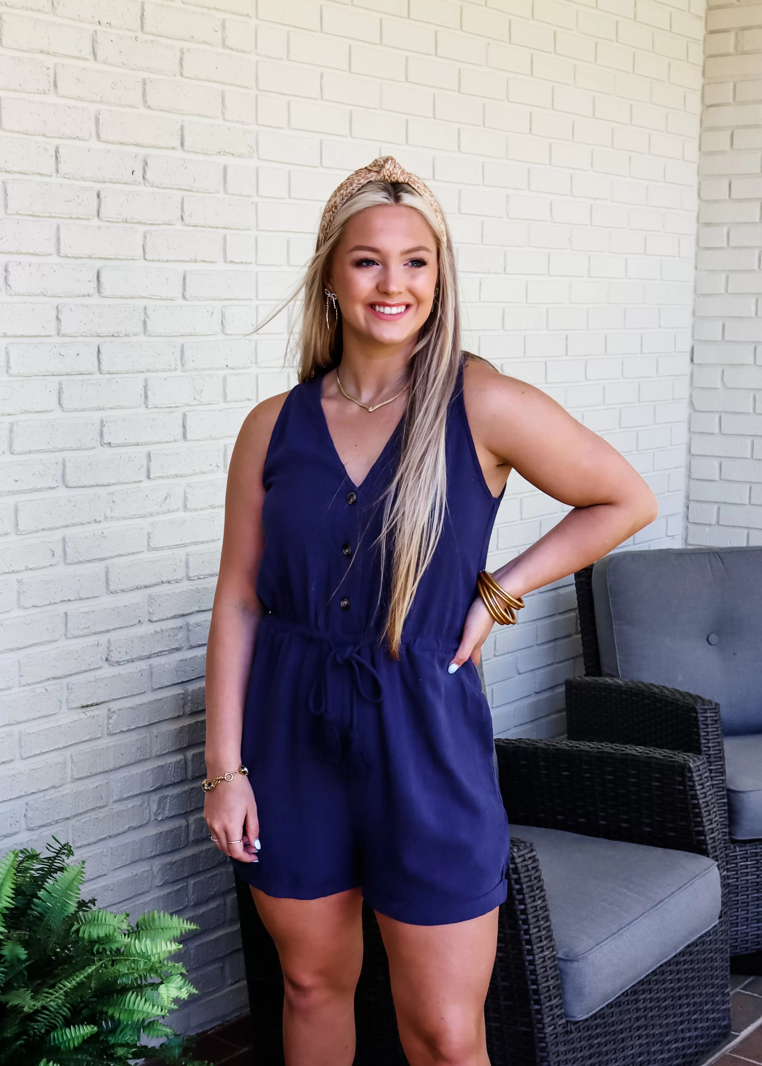 Navy Blue Button Front Romper