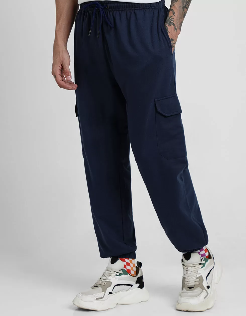 Navy Solid Baggy Fit Cargo Pants