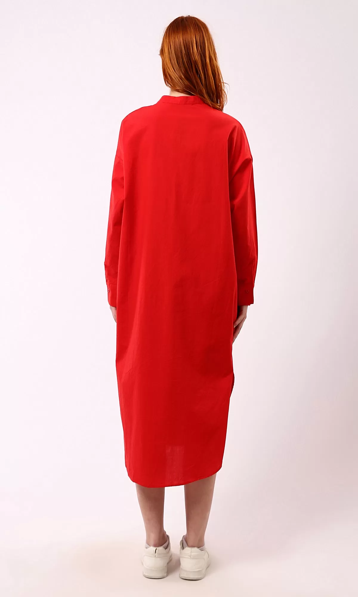 O179182 Long Sleeves Red Shirt Dress With Front Hidden Buttons